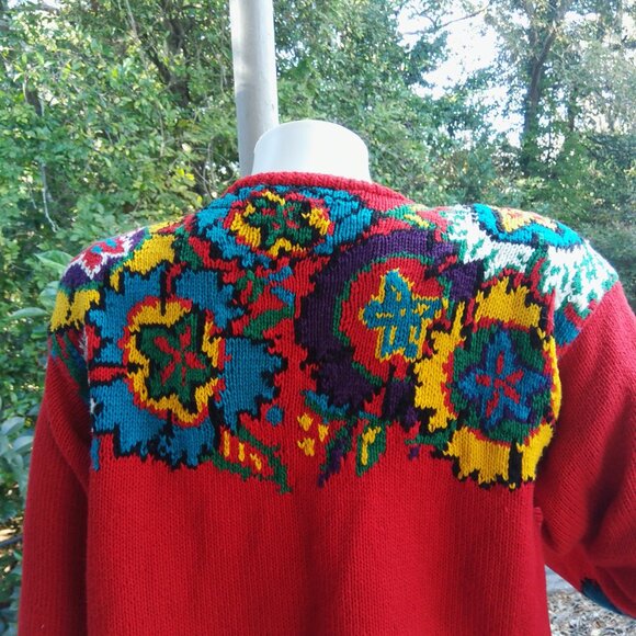 VTG 80s Red Boho Chunky Knit Floral Cottagecore Twee Button Up Cardigan Sweater - Picture 6 of 9